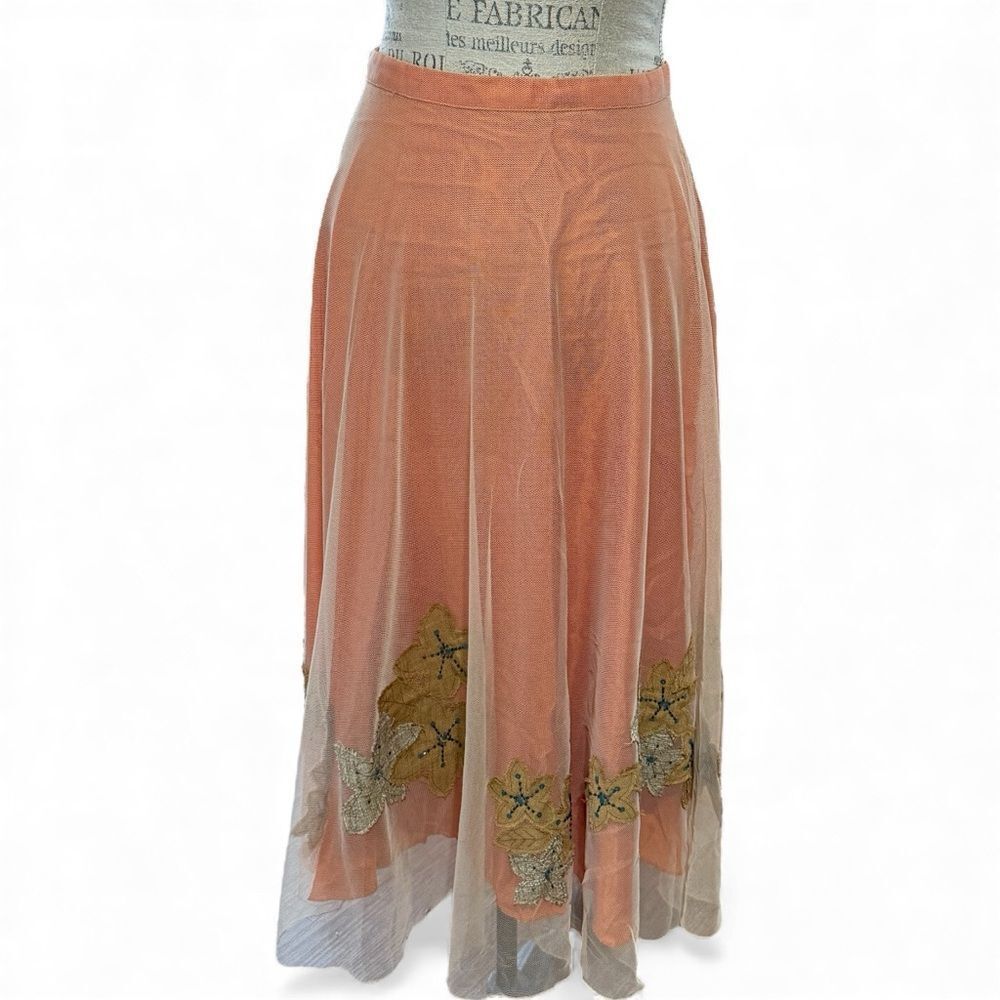 Citrine Midi Skirt Mesh Overlay Burlap-Like Leaf Applique Blue Beads Sequins 14